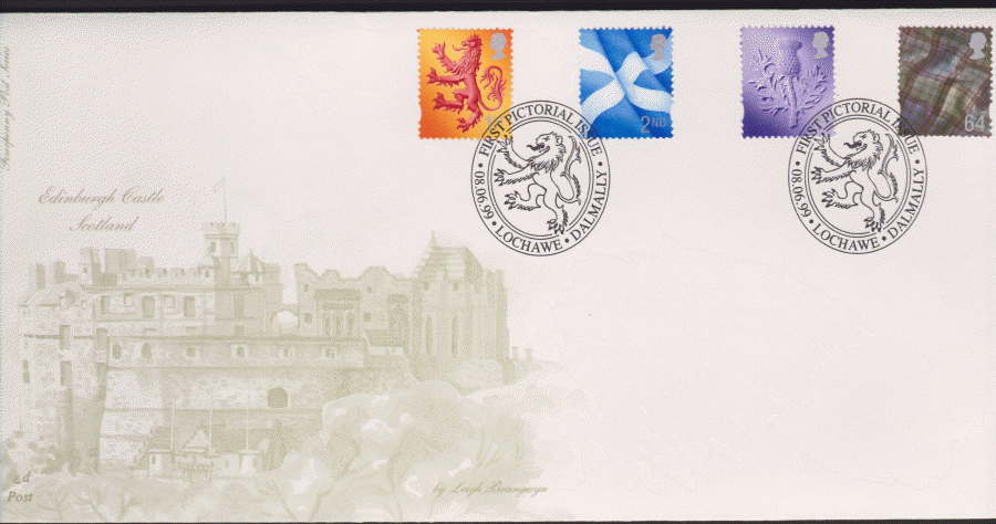 1999 -4d Post FDC- 1999 Pictorial Country Scotland Definitives - NVI- Lochawe Postmark