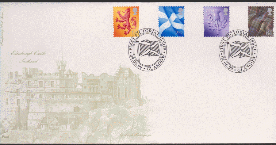 1999 -4d Post FDC- 1999 Pictorial Country Scotland Definitives - NVI- Glasgow Postmark - Click Image to Close