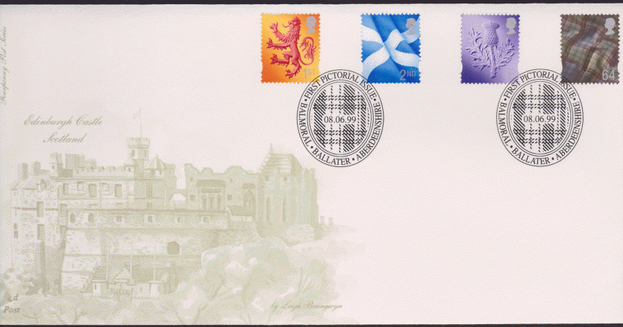 1999 -4d Post FDC- 1999 Pictorial Country Scotland Definitives - NVI- Ballater Postmark - Click Image to Close