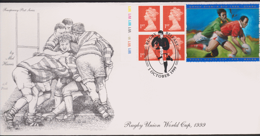1999 -4d Post FDC- 1999 Rugby Retail Book, Belfast Postmark - Click Image to Close