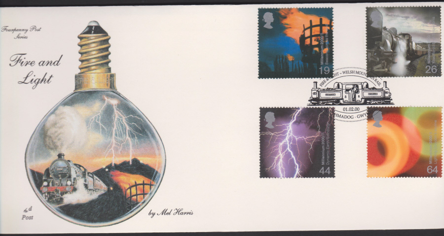 2000-4d Post FDC-Fire & Light - Welsh Mountain Rail Postmark