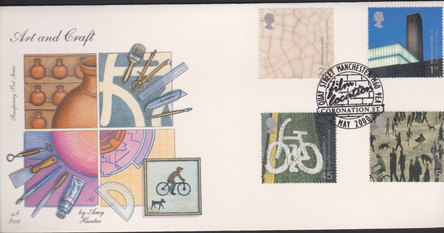 2000-4d Post FDC- Art & Craft - Coronation St, Quay Street, Manchester , Postmark - Click Image to Close