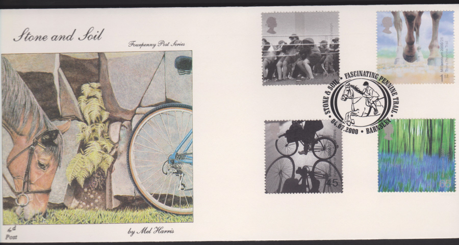 2000-4d Post FDC- Stone & Soil - Peninnine Trail, Barnsley Postmark