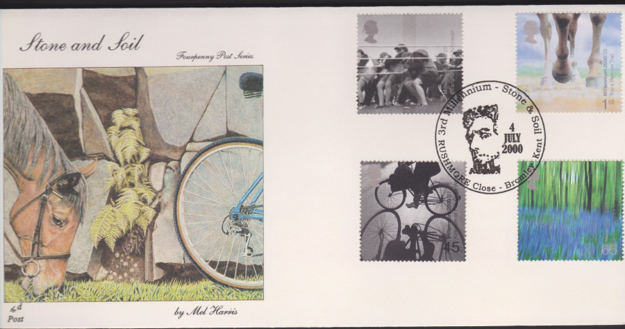 2000-4d Post FDC- Stone & Soil -Rushmore Close, Bromley Kent Postmark