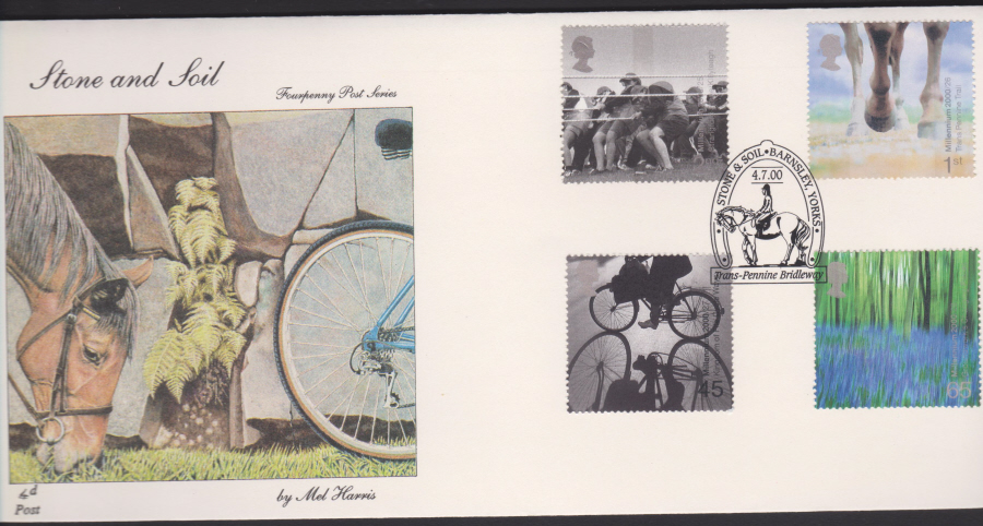 2000-4d Post FDC- Stone & Soil -Trans Pennine Bridleay, Barnsley Postmark
