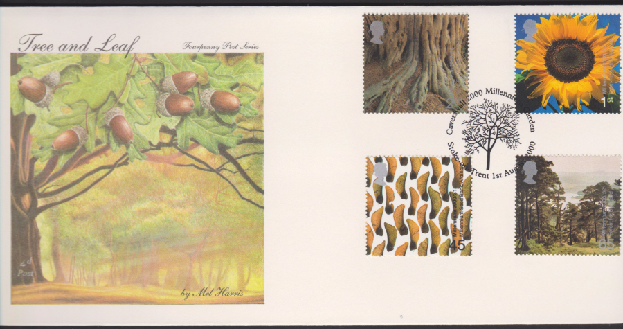 2000-4d Post FDC- Tree & Leaf -Millennium Garden, Stoke on Trent Postmark