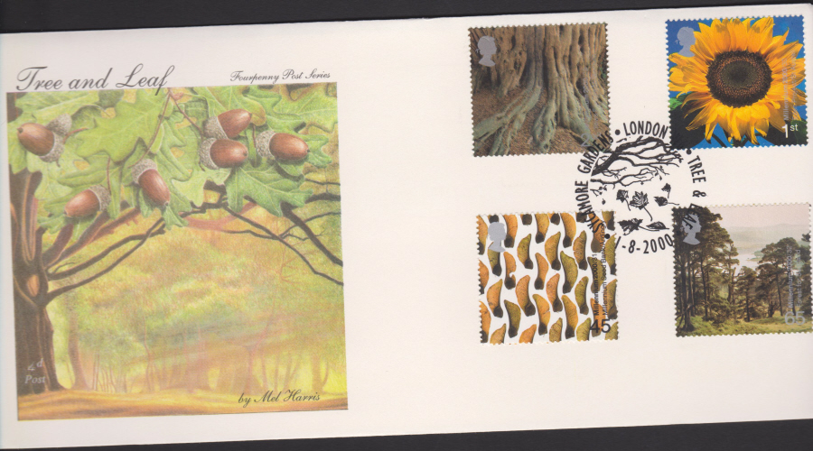 2000-4d Post FDC- Tree & Leaf - Sycamore Gardens, London Postmark