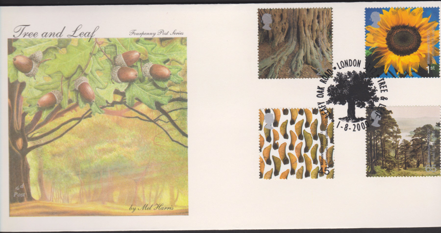 2000-4d Post FDC- Tree & Leaf - Leafy Oak Road, London Postmark
