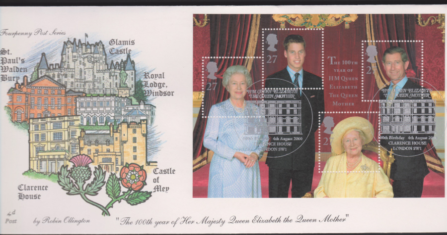 2000-4d Post FDC- Queen Mother Mini Sheet - Clarence House London SW1 Postmark - Click Image to Close