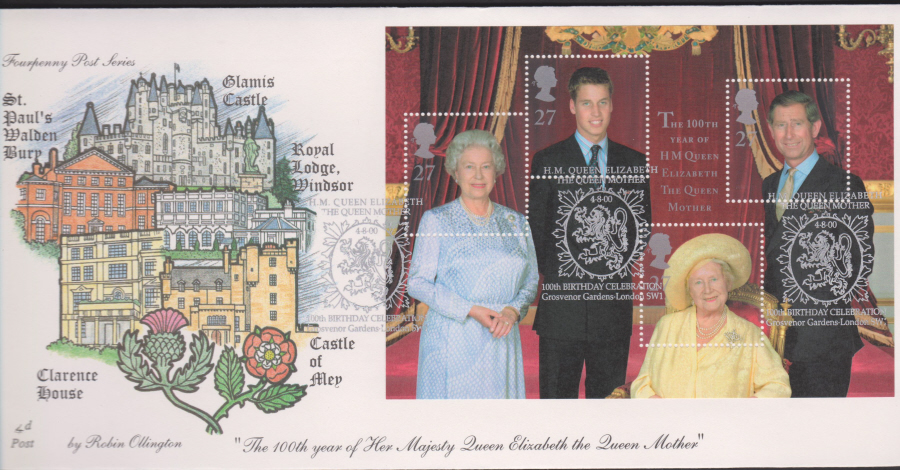 2000-4d Post FDC- Queen Mother Mini Sheet -Grosvenor Gardens London SW1 Postmark