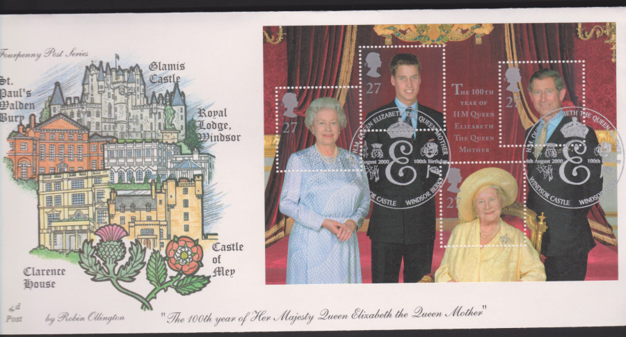 2000-4d Post FDC- Queen Mother Mini Sheet -Windsor Castle, Windsor Berks Postmark