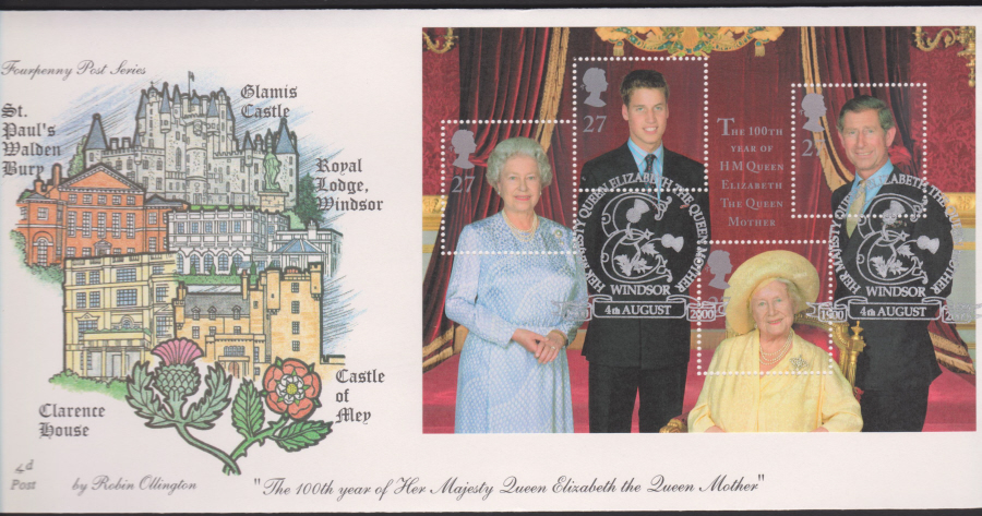 2000-4d Post FDC- Queen Mother Mini Sheet -Windsor , Postmark
