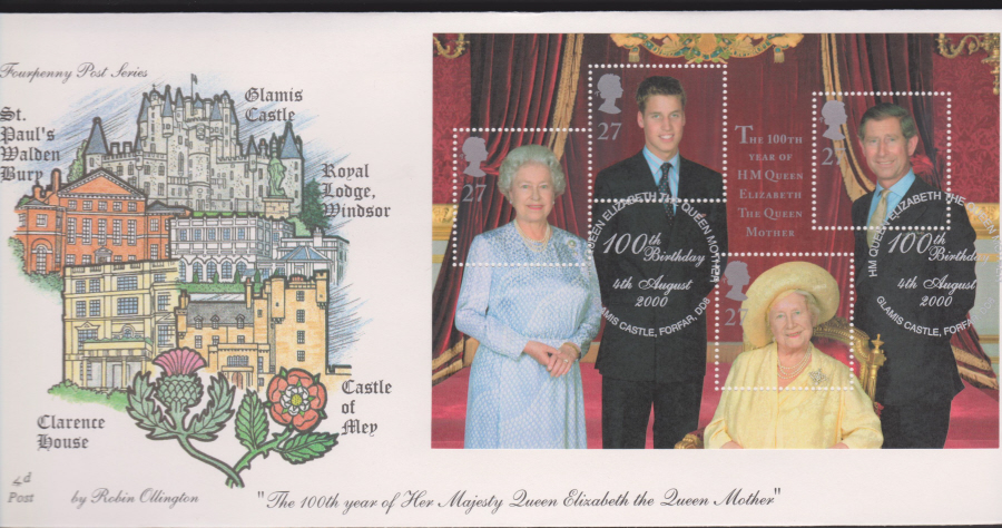 2000-4d Post FDC- Queen Mother Mini Sheet -Glamis Castle ,Forfar Postmark
