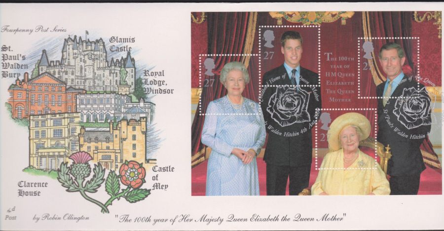 2000-4d Post FDC- Queen Mother Mini Sheet -St Pauls Walden, Hitchin ( Rose ) Postmark