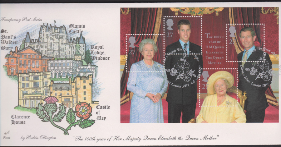 2000-4d Post FDC- Queen Mother Mini Sheet - Clarence House London SW1 Flower Postmark