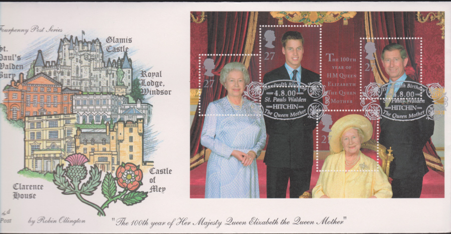 2000-4d Post FDC- Queen Mother Mini Sheet -St Pauls Walden, Hitchin ( The Queen Mother) Postmark