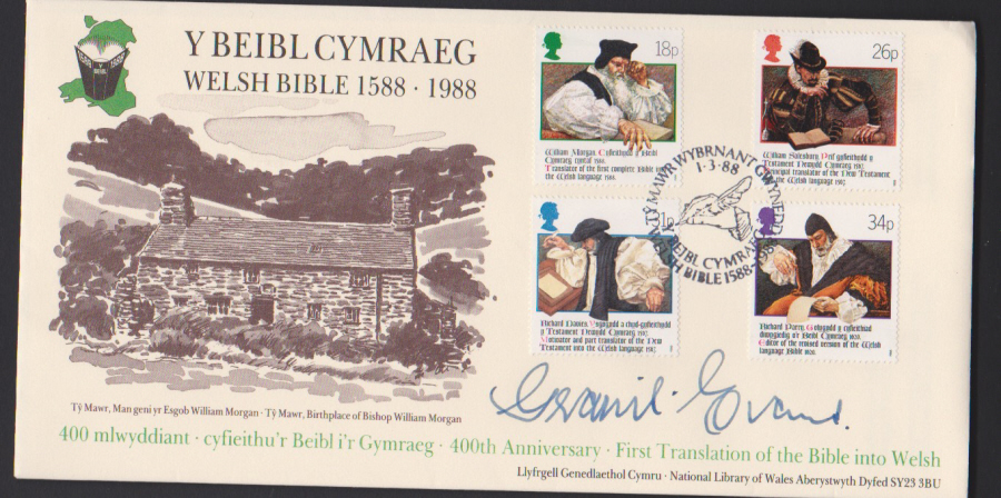 1987- Covercraft Welsh Bible First Day Cover Y Beibl Yn Cymraeg Postmark Signed by Geraint Evans