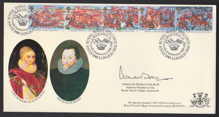 1988- Armada 1588First Day Cover COVERCRAFT Royal Naval College London SE10 Postmark Signed by Richard Fitch - Click Image to Close