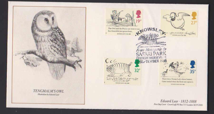 1988- Edward Lear Set First Day Cover COVERCRAFT Knowsley Safari Park Postmark - Click Image to Close