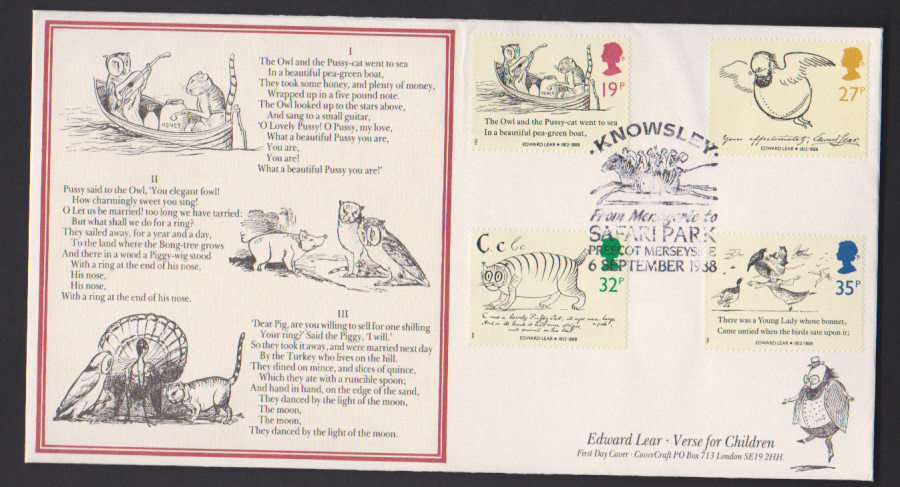 1988- Edward Lear Set First Day Cover COVERCRAFT Knowsley Safari Park Postmark Different Cover - Click Image to Close