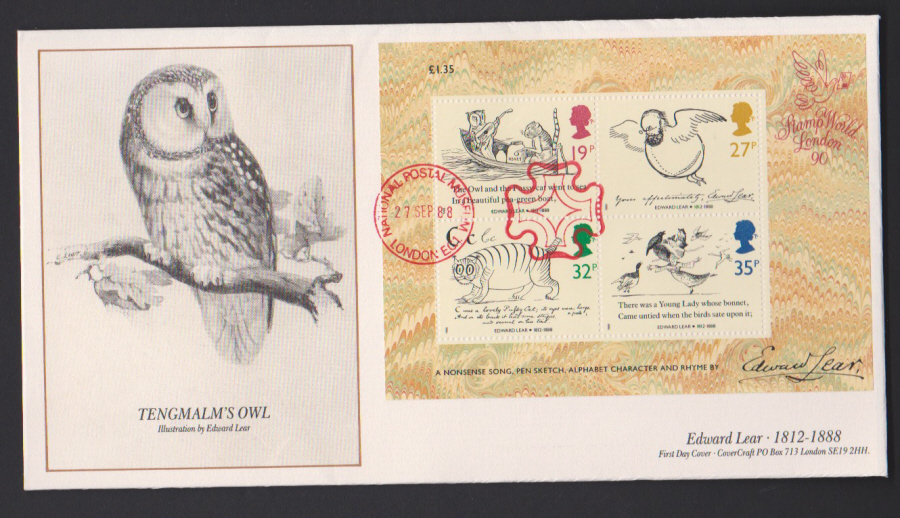 1988- Edward Lear Mini Sheet First Day Cover COVERCRAFT National Postal Museum Postmark - Click Image to Close