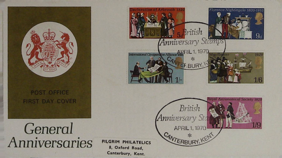 1970 - General Anniversaries, First Day Cover, Canterbury Postmark Post Office Cover