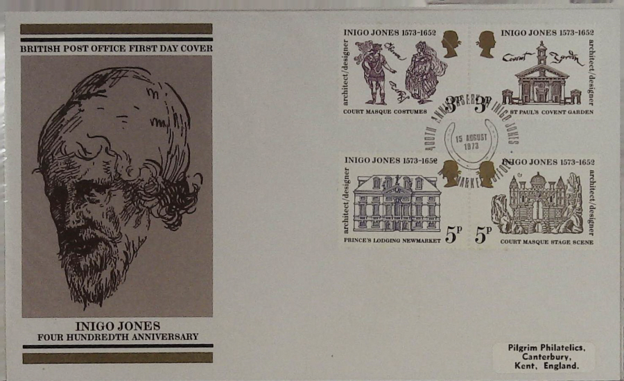 1973-F D C Inigo Jones Post Office Cover Newmarket handstamp