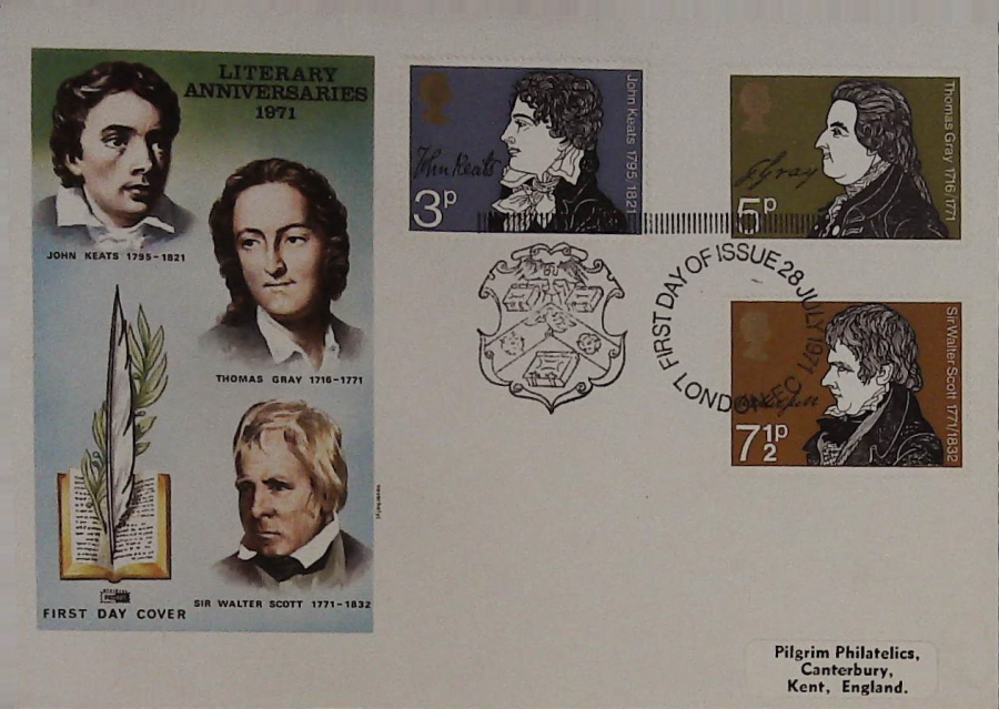 1971-F D C Literary Anniversaries Philart Cover London E C Handstamp - Click Image to Close