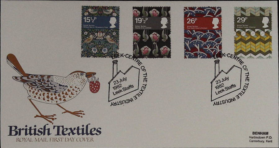 1982 - British Textiles Royal Mail FDC -Leek Center of the Textile Industry Postmark