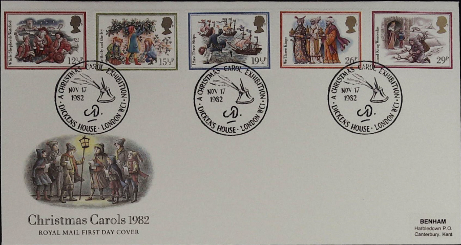 1982 - Christmas Royal Mail First Day Cover, Christmas Postmark :- CHRISTMAS CAROL DICKENS HOUSE LONDON WC - Click Image to Close