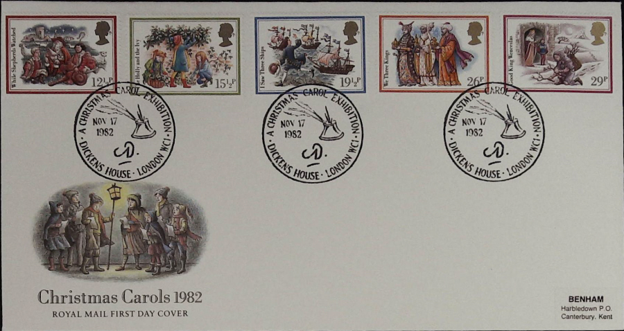 1982 - Christmas Royal Mail First Day Cover, Christmas Postmark :- CHRISTMAS CAROL DICKENS HOUSE LONDON WC