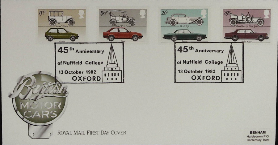 1982 - British Motor Cars Royal Mail - 45th Anniv Nuffield Collage,Oxford Postmark
