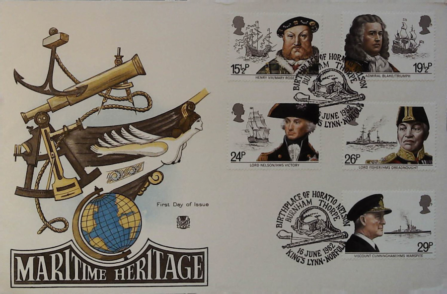 1982 - Maritime Heritage Year STUART FDC - Postmark :- NELSON BIRTHPLACE KINGS LYNN