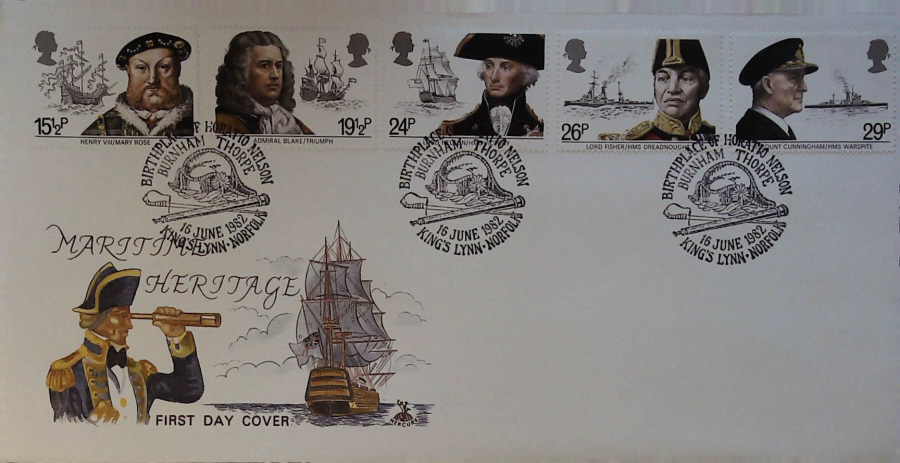 1982 - Maritime Heritage Year PHILART FDC - Postmark :- NELSON BIRTHPLACE KINGS LYNN