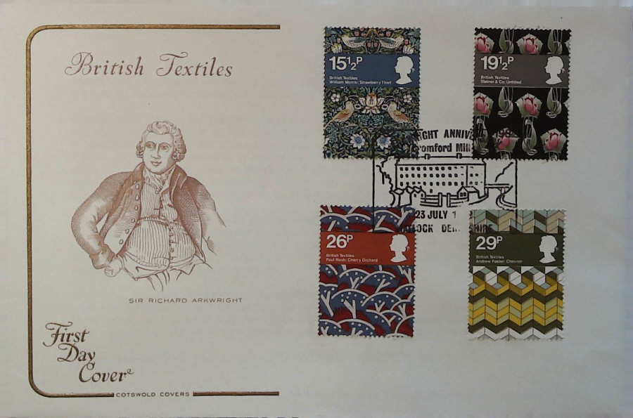 1982 - British Textiles COTSWOLD FDC - Postmark Richard Arkwright Matlock