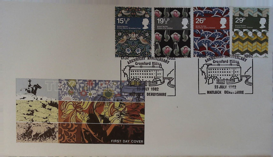 1982 - British Textiles PHILART FDC - Postmark Richard Arkwright Matlock