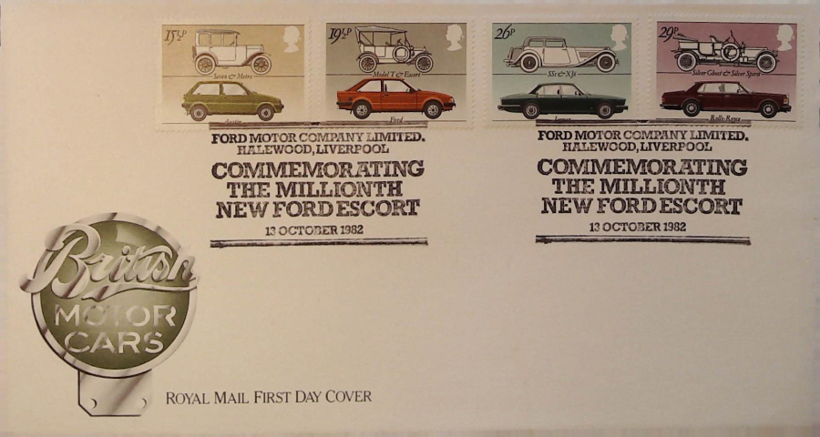 1982 - British Motor Cars ROYAL MAIL - Postmark:- MILLIONTH FORD ESCOURT HALEWOOD LIVERPOOL