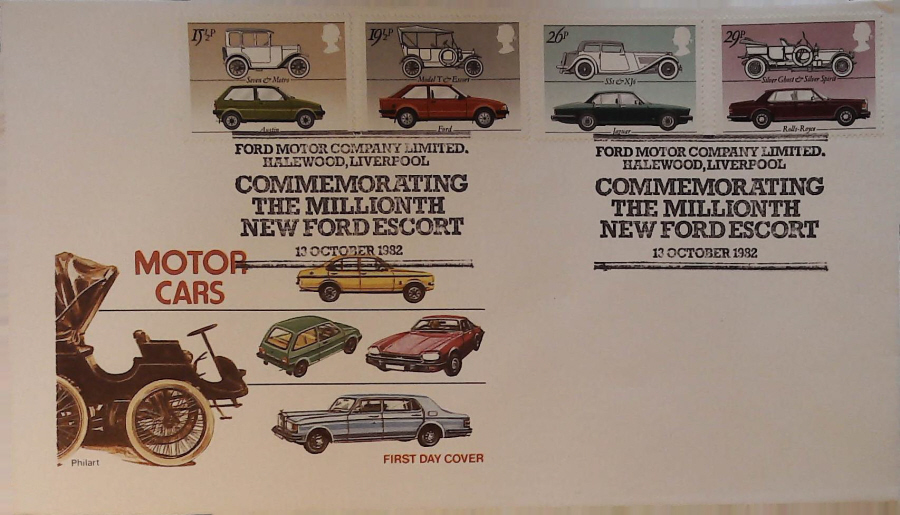 1982 - British Motor Cars PHILART - Postmark:- MILLIONTH FORD ESCOURT HALEWOOD LIVERPOOL