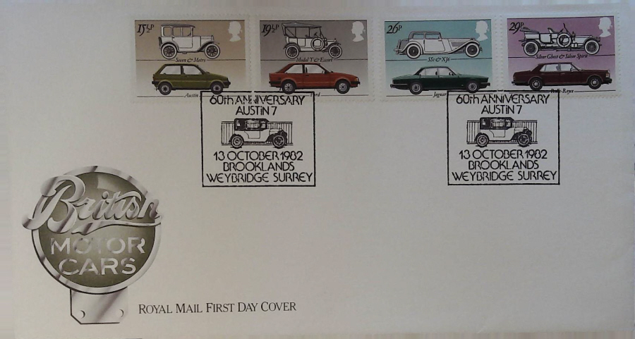 1982 - British Motor Cars ROYAL MAIL - Postmark:-60TH. ANNIV AUSTIN 7 BROOKLANDS