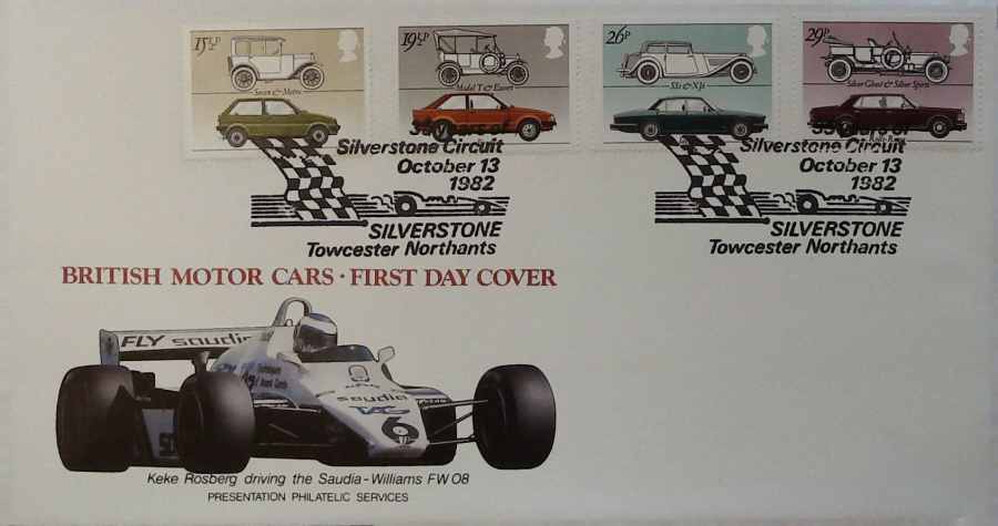 1982 - British Motor Cars PPS - 35 Years of Silverswtone,Towester,Northants Postmark - Click Image to Close