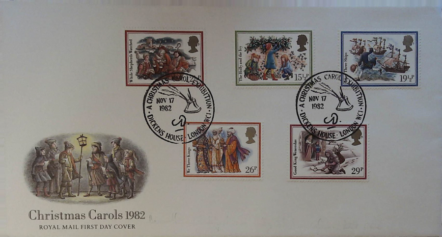 1982 - Christmas ROYAL MAIL First Day Cover, Christmas Postmark :- CHRISTMAS CAROL DICKENS HOUSE LONDON WC