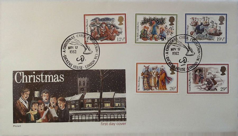 1982 - Christmas PHILART First Day Cover, Christmas Postmark :- CHRISTMAS CAROL DICKENS HOUSE LONDON WC
