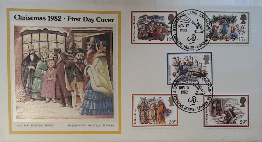 1982 - Christmas PPS SILK First Day Cover, Christmas Postmark :- CHRISTMAS CAROL DICKENS HOUSE LONDON WC