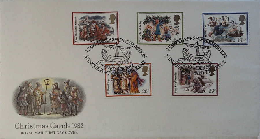 1982 - Christmas ROYAL MAIL First Day Cover, Christmas Postmark :- I SAW THREE SHIP EXHIBITION HYTHE - Click Image to Close