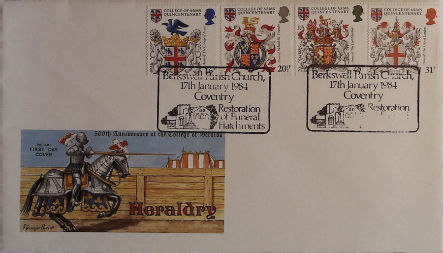 1984 - Heraldry, PHILART First Day Cover , Postmark BERKSWELL PARISH CHURCH,COVENTRY
