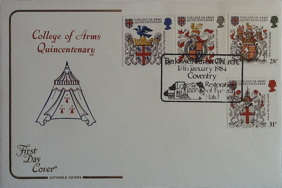1984 - Heraldry, COTSWOLD First Day Cover , Postmark BERKSWELL PARISH CHURCH,COVENTRY