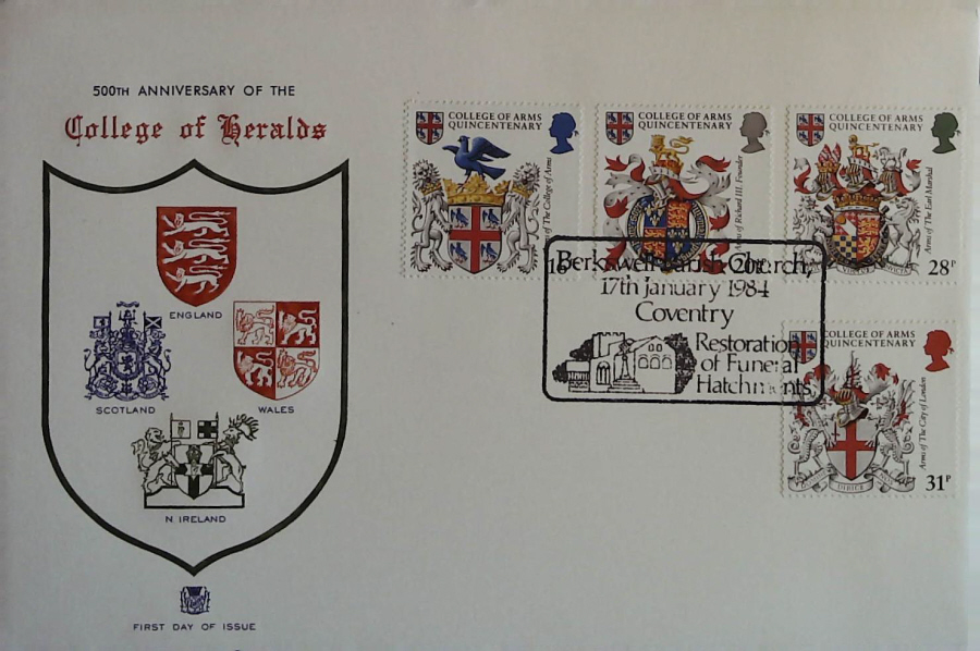 1984 - Heraldry, STUART First Day Cover , Postmark BERKSWELL PARISH CHURCH,COVENTRY