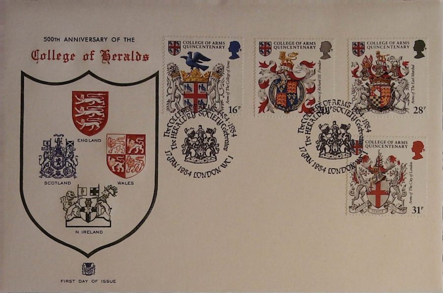 1984 - Heraldry, STUART First Day Cover , Postmark HERALDRY SOCIETY, LONDON WC1