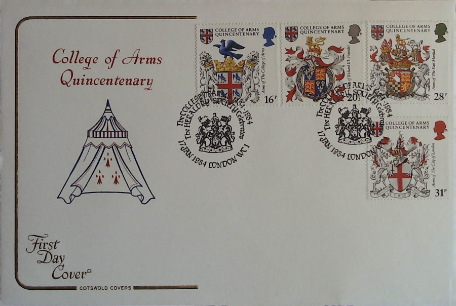 1984 - Heraldry, COTSWOLD First Day Cover , Postmark HERALDRY SOCIETY, LONDON WC1