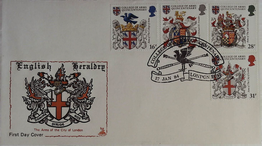 1984 - Heraldry, MERCURY First Day Cover , Postmark COLLEGE OF ARMS LONDON EC4